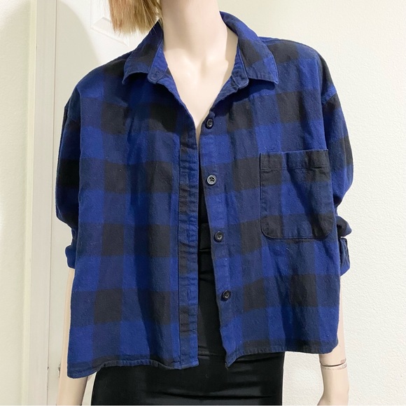 WILD FABLE Navy Buffalo Check Plaid Flannel Cropped Button Down Shirt Size XL - Picture 4 of 14